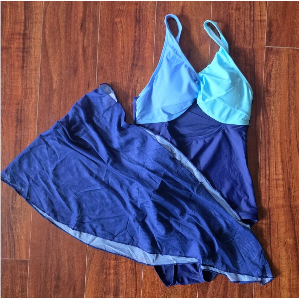 Girls Blue Colorblock One Piece Swimsuit and Mesh Skirt Set Size 12Y 11-12 Yrs